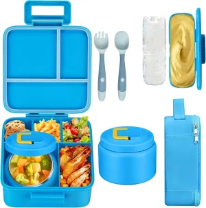 MAISON HUIS Kids Bento Lunch Box Set With 8oz Soup Thermo, Leakproof Lunch Containers with 5 Compartment, Thermo Hot Food Jar and Insulated Lunch Bag, BPA Free,Travel, School -Blue