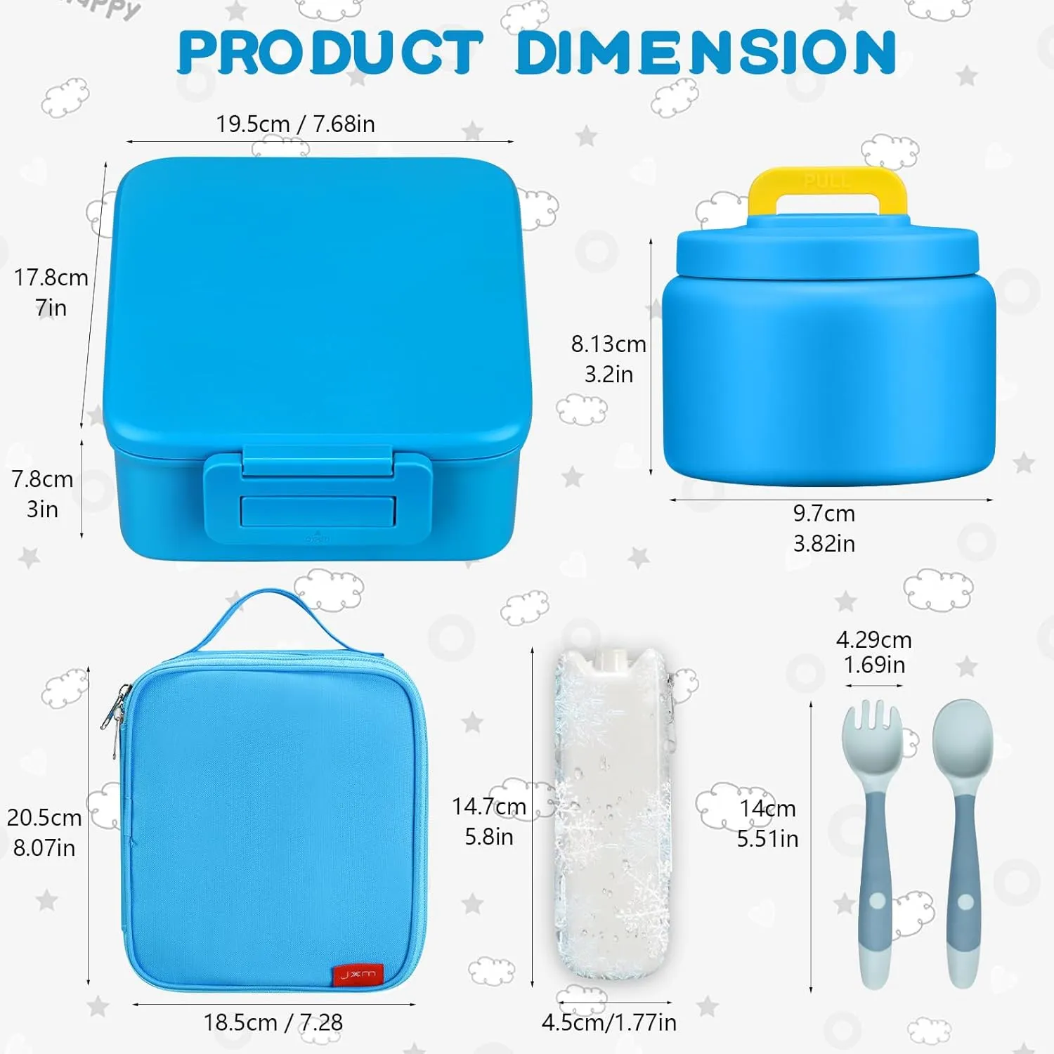 MAISON HUIS Kids Bento Lunch Box Set With 8oz Soup Thermo, Leakproof Lunch Containers with 5 Compartment, Thermo Hot Food Jar and Insulated Lunch Bag, BPA Free,Travel, School -Blue
