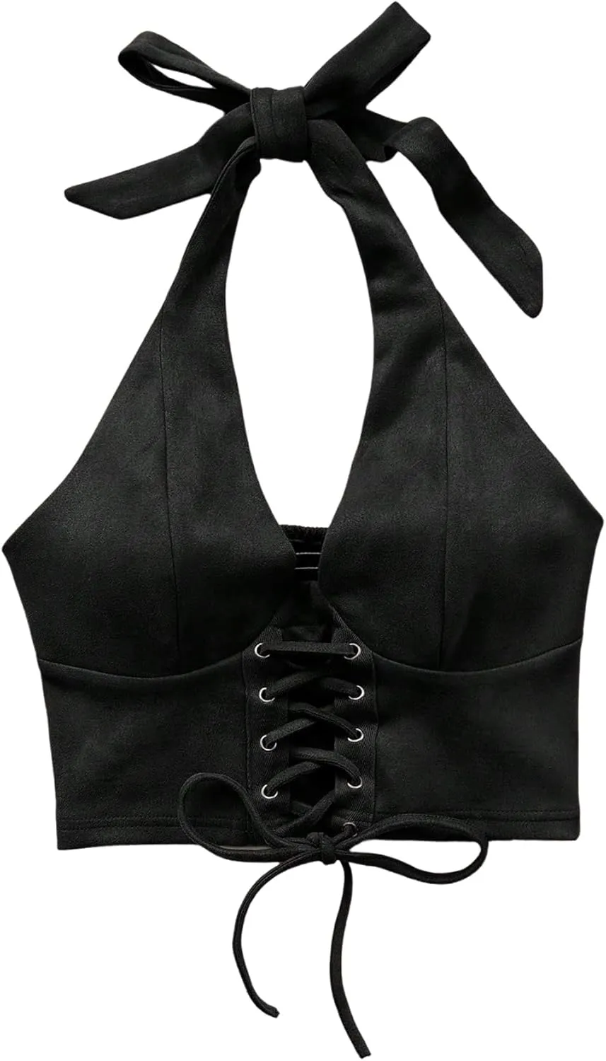 MakeMeChic Women's Lace Up Crop Halter Top Shirred Tie Back Sleeveless Suede Tops