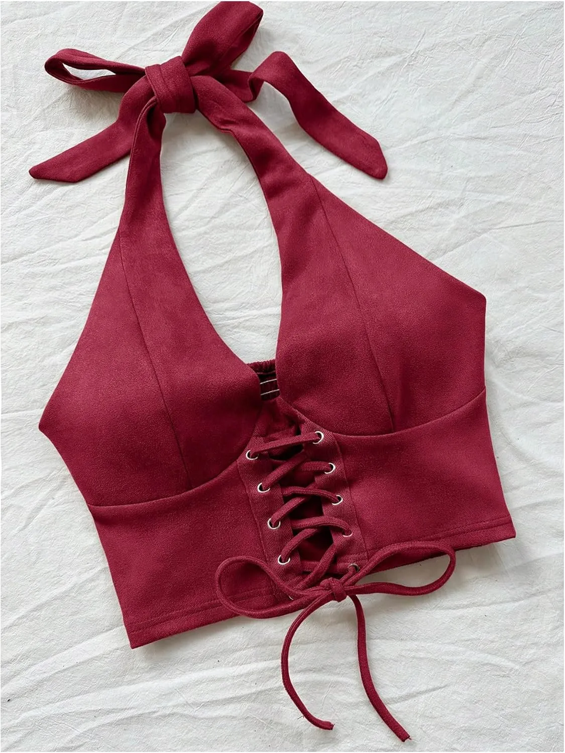 MakeMeChic Women's Lace Up Crop Halter Top Shirred Tie Back Sleeveless Suede Tops