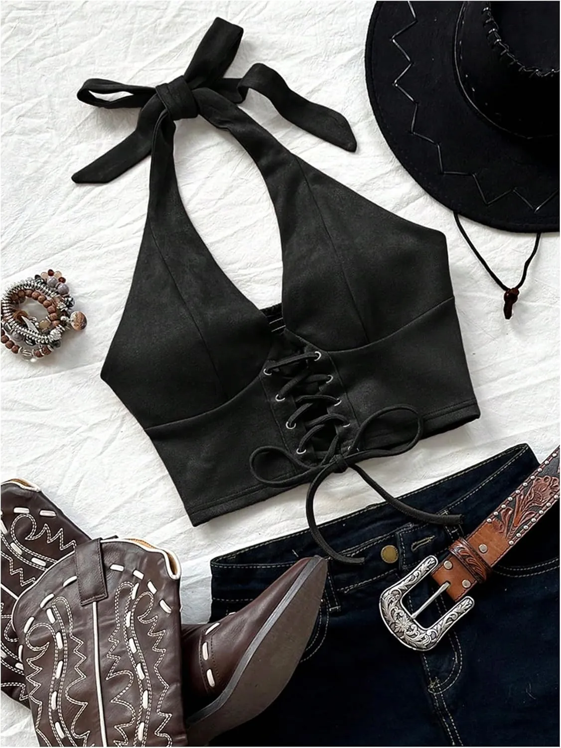 MakeMeChic Women's Lace Up Crop Halter Top Shirred Tie Back Sleeveless Suede Tops