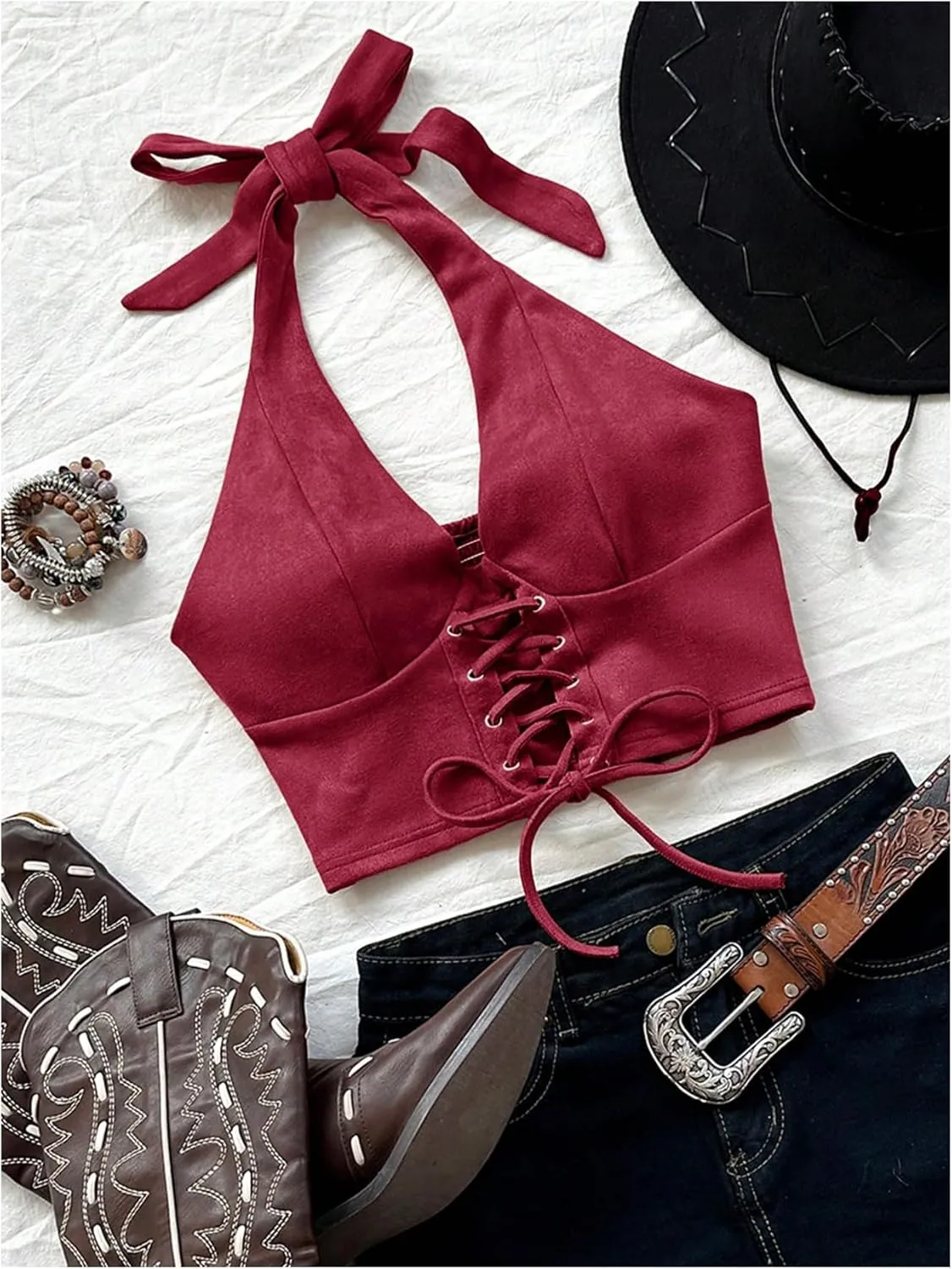 MakeMeChic Women's Lace Up Crop Halter Top Shirred Tie Back Sleeveless Suede Tops