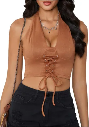 MakeMeChic Women's Lace Up Crop Halter Top Shirred Tie Back Sleeveless Suede Tops
