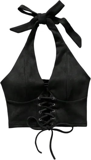 MakeMeChic Women's Lace Up Crop Halter Top Shirred Tie Back Sleeveless Suede Tops