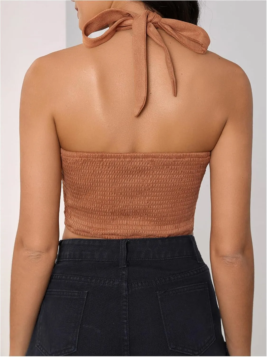 MakeMeChic Women's Lace Up Crop Halter Top Shirred Tie Back Sleeveless Suede Tops