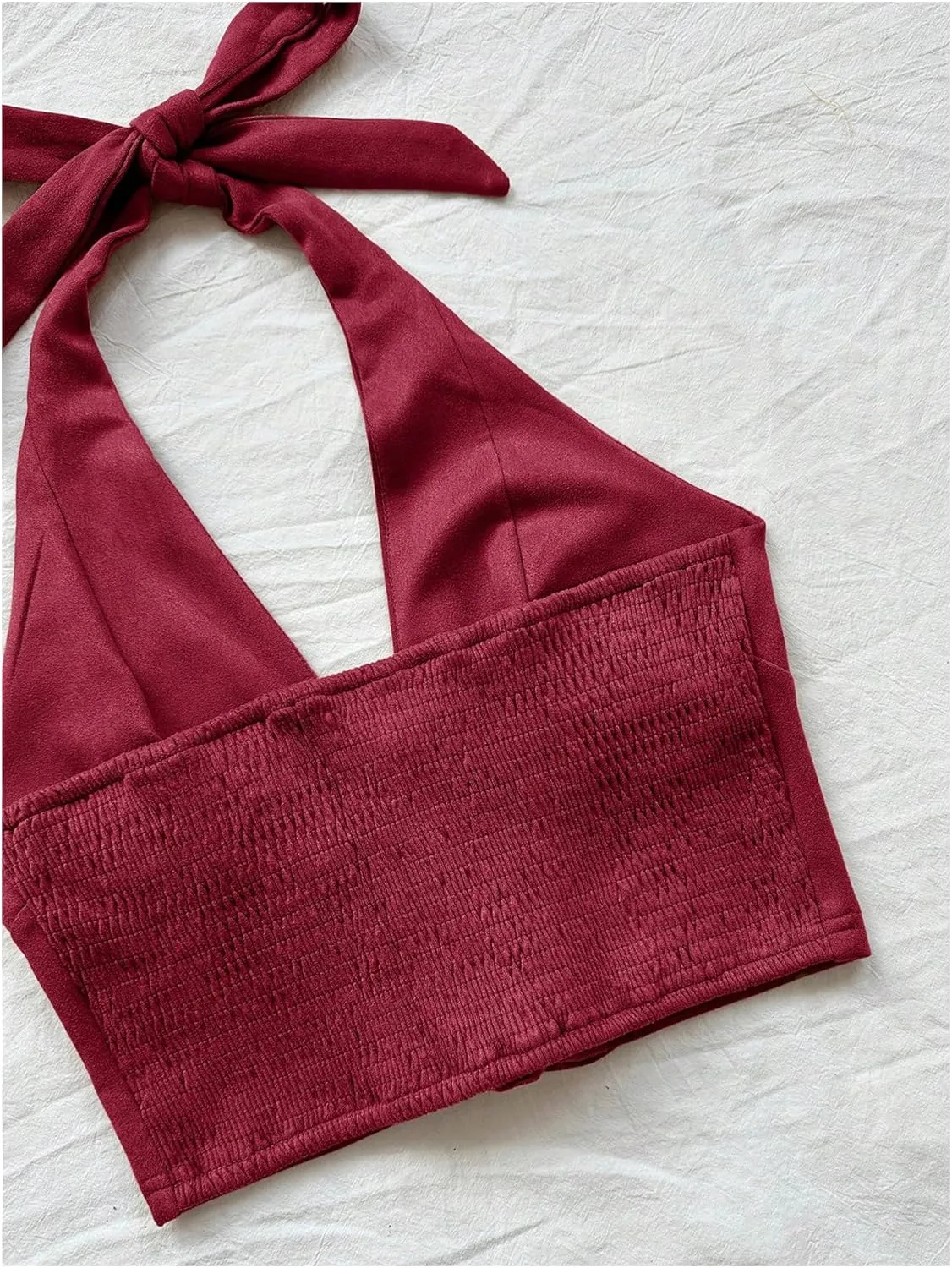 MakeMeChic Women's Lace Up Crop Halter Top Shirred Tie Back Sleeveless Suede Tops