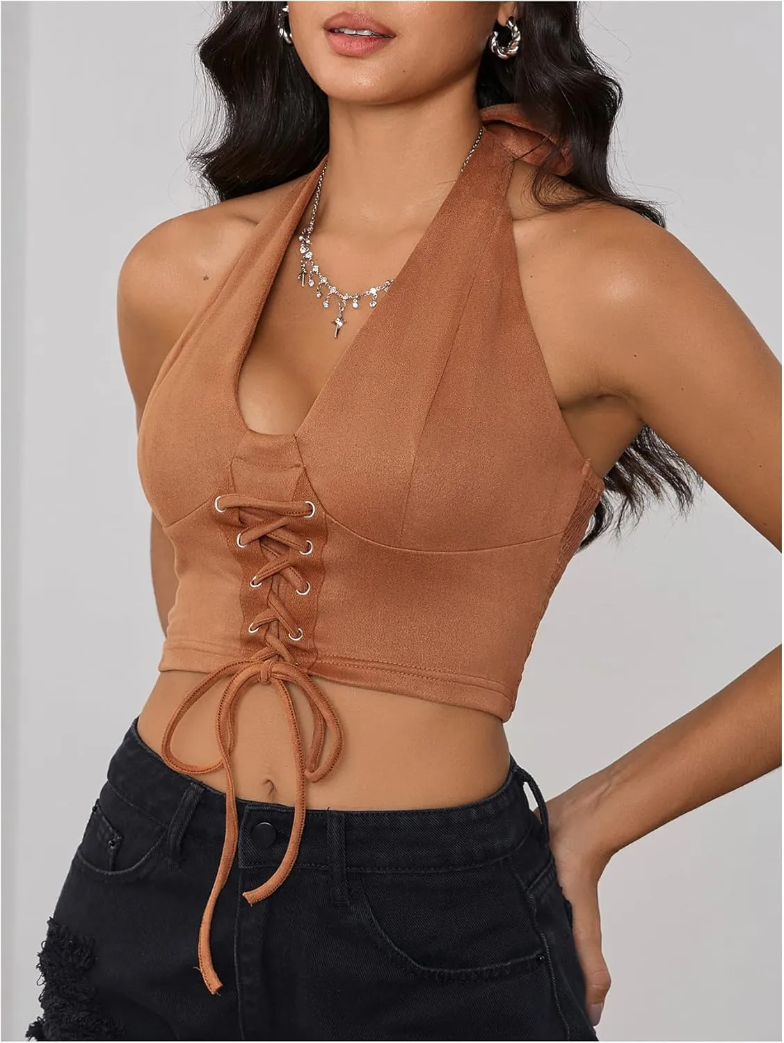 MakeMeChic Women's Lace Up Crop Halter Top Shirred Tie Back Sleeveless Suede Tops