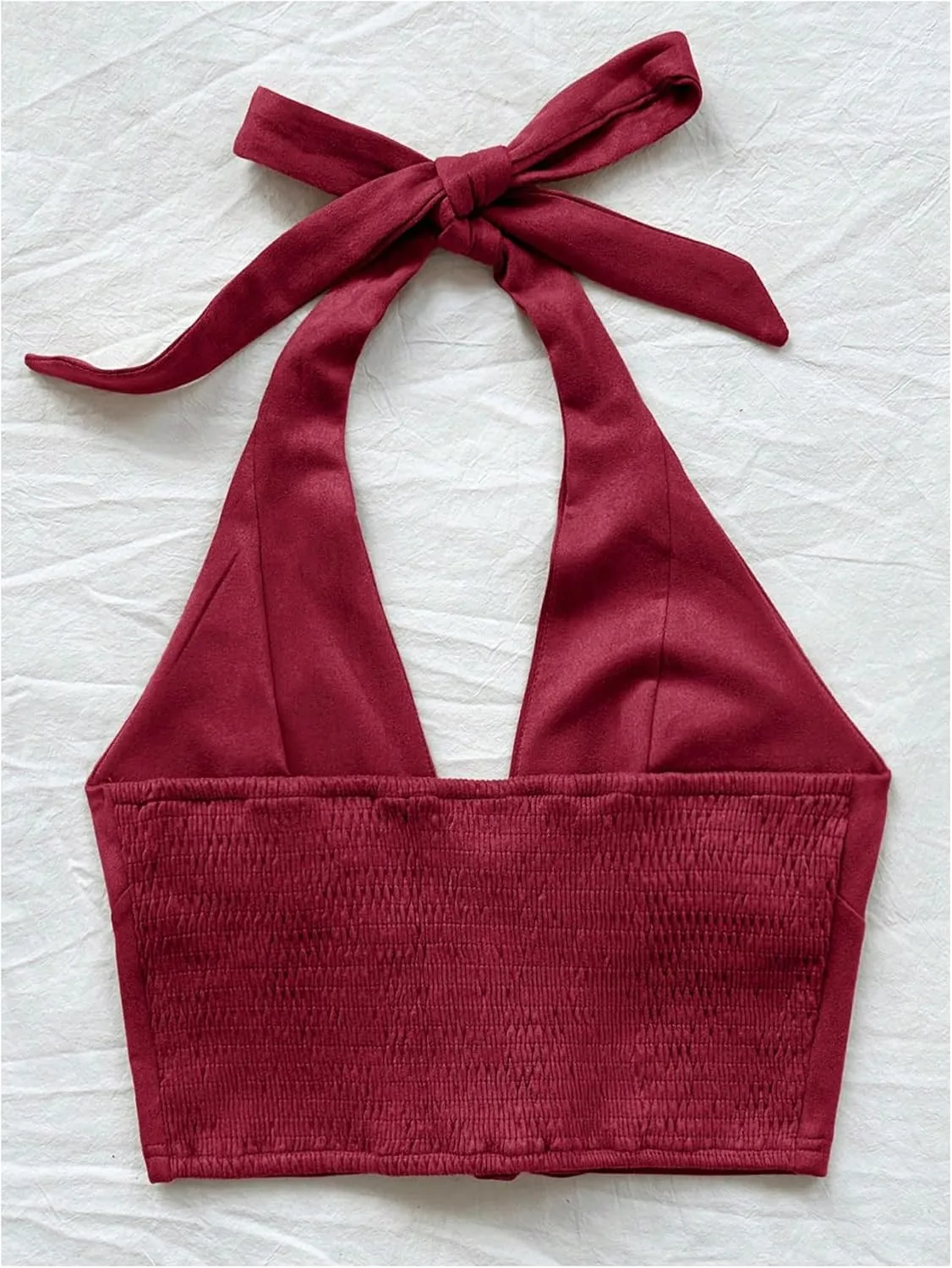 MakeMeChic Women's Lace Up Crop Halter Top Shirred Tie Back Sleeveless Suede Tops