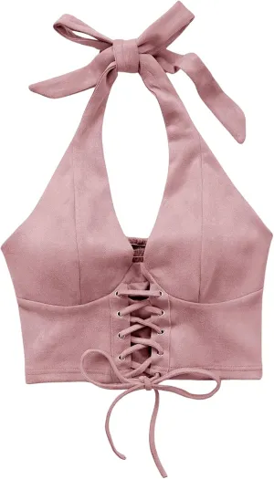 MakeMeChic Women's Lace Up Crop Halter Top Shirred Tie Back Sleeveless Suede Tops