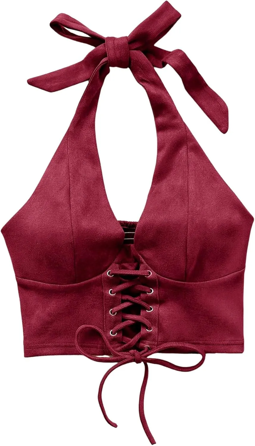 MakeMeChic Women's Lace Up Crop Halter Top Shirred Tie Back Sleeveless Suede Tops