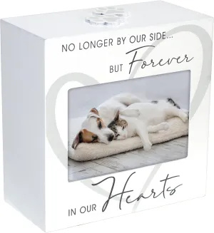 Malden International Designs 3.5x5 Forever In Our Hearts Memorial Pet Urn Four sided Screenprinted White Wood Urn Paw Print Attachment Removable Bottom Panel