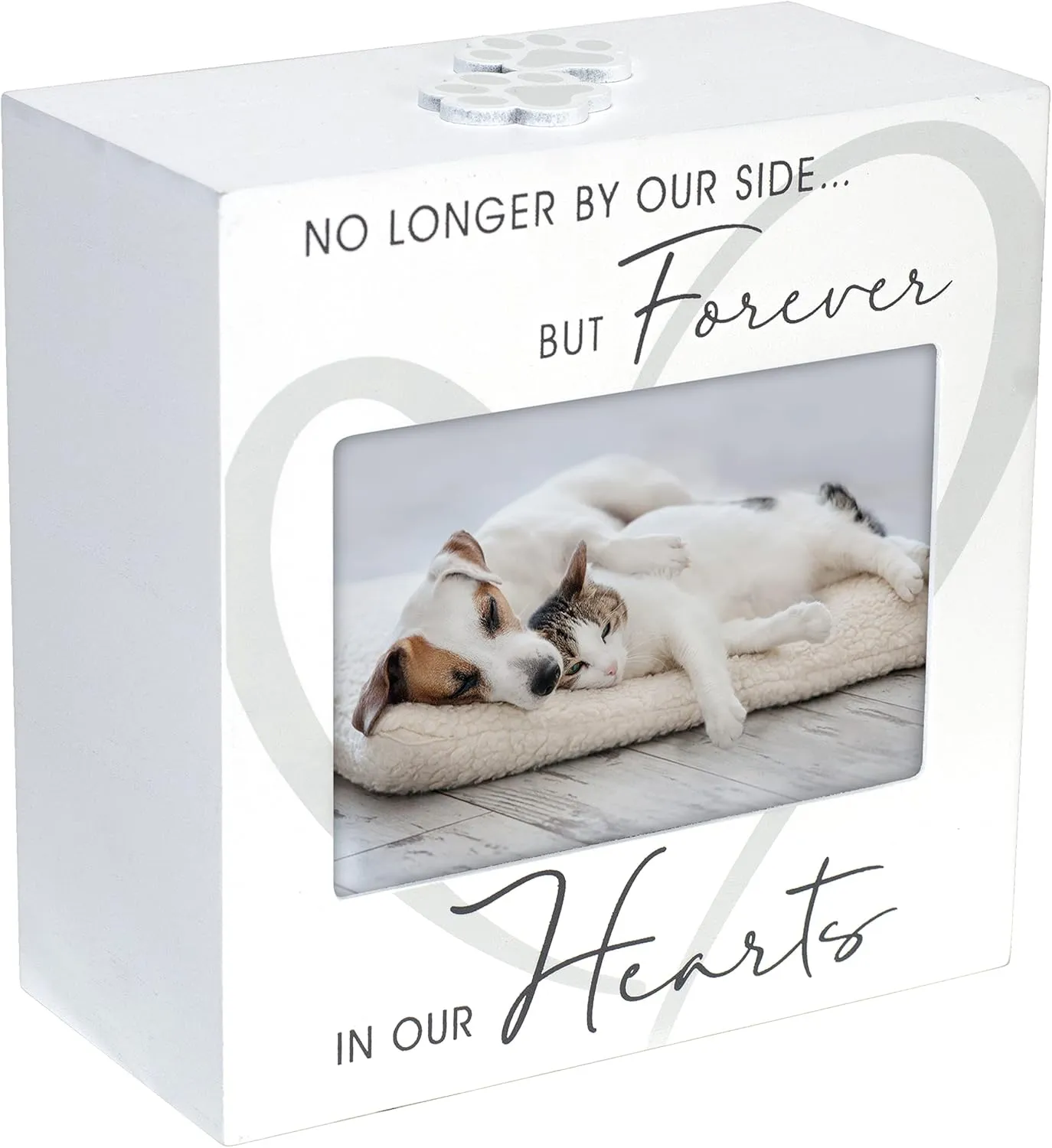 Malden International Designs 3.5x5 Forever In Our Hearts Memorial Pet Urn Four sided Screenprinted White Wood Urn Paw Print Attachment Removable Bottom Panel