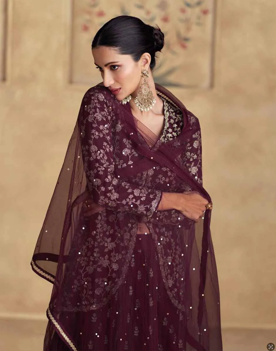 Maroon Embroidered Front Slit Top Bottom and Dupatta Set