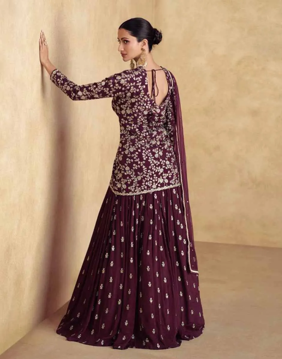 Maroon Embroidered Front Slit Top Bottom and Dupatta Set
