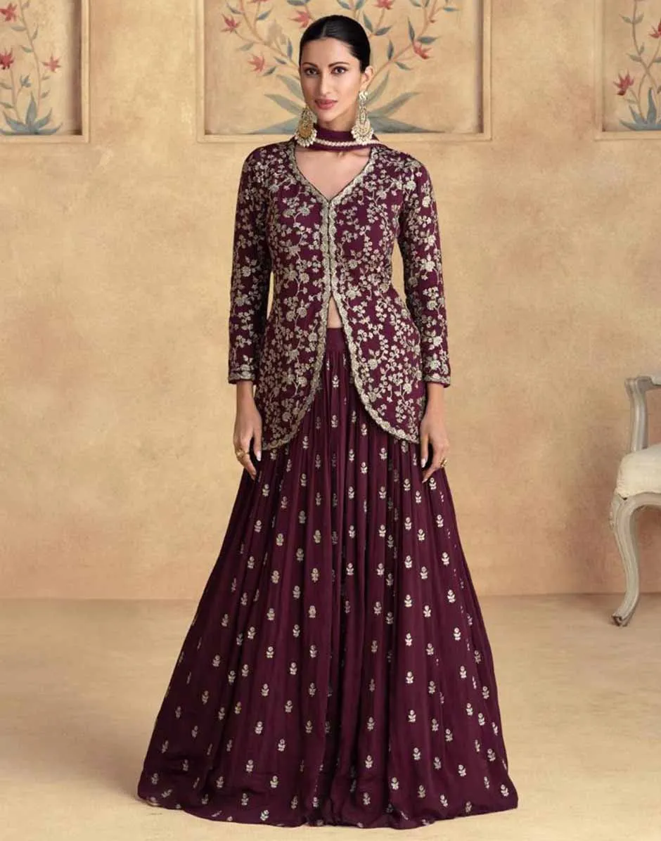 Maroon Embroidered Front Slit Top Bottom and Dupatta Set