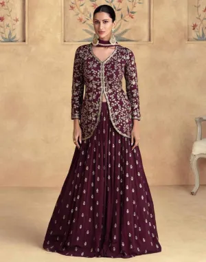 Maroon Embroidered Front Slit Top Bottom and Dupatta Set