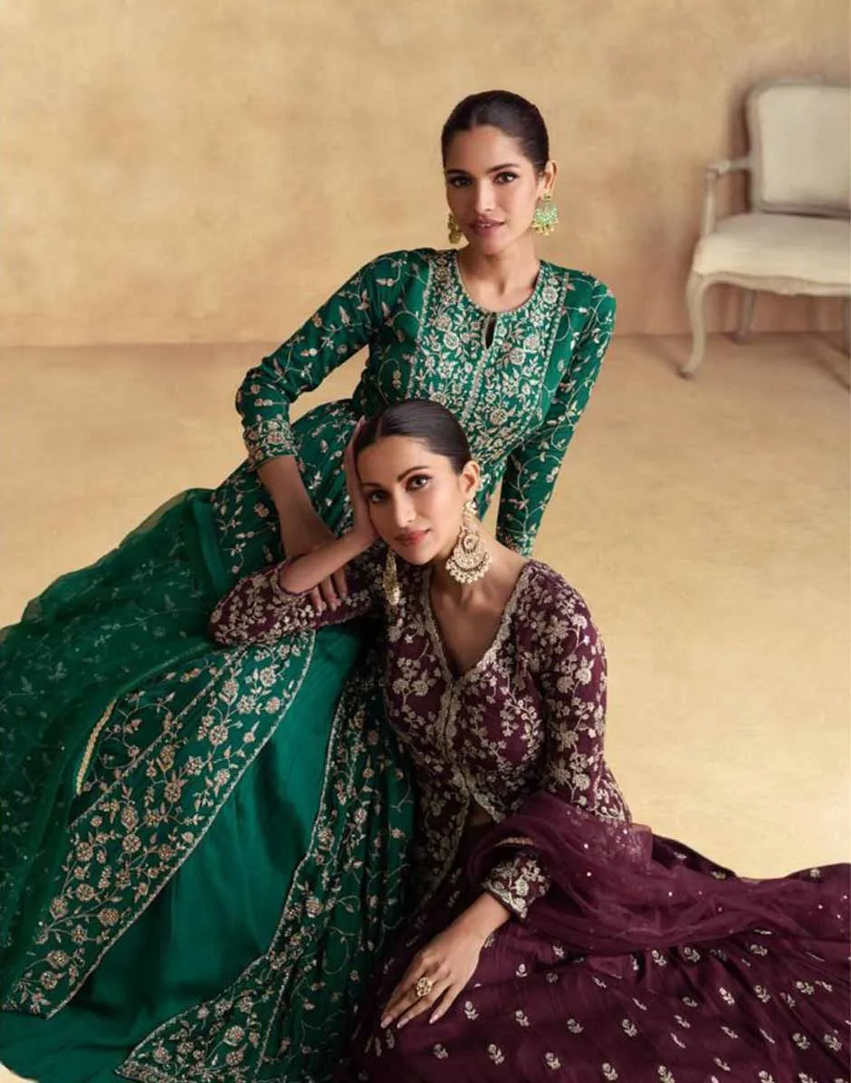 Maroon Embroidered Front Slit Top Bottom and Dupatta Set