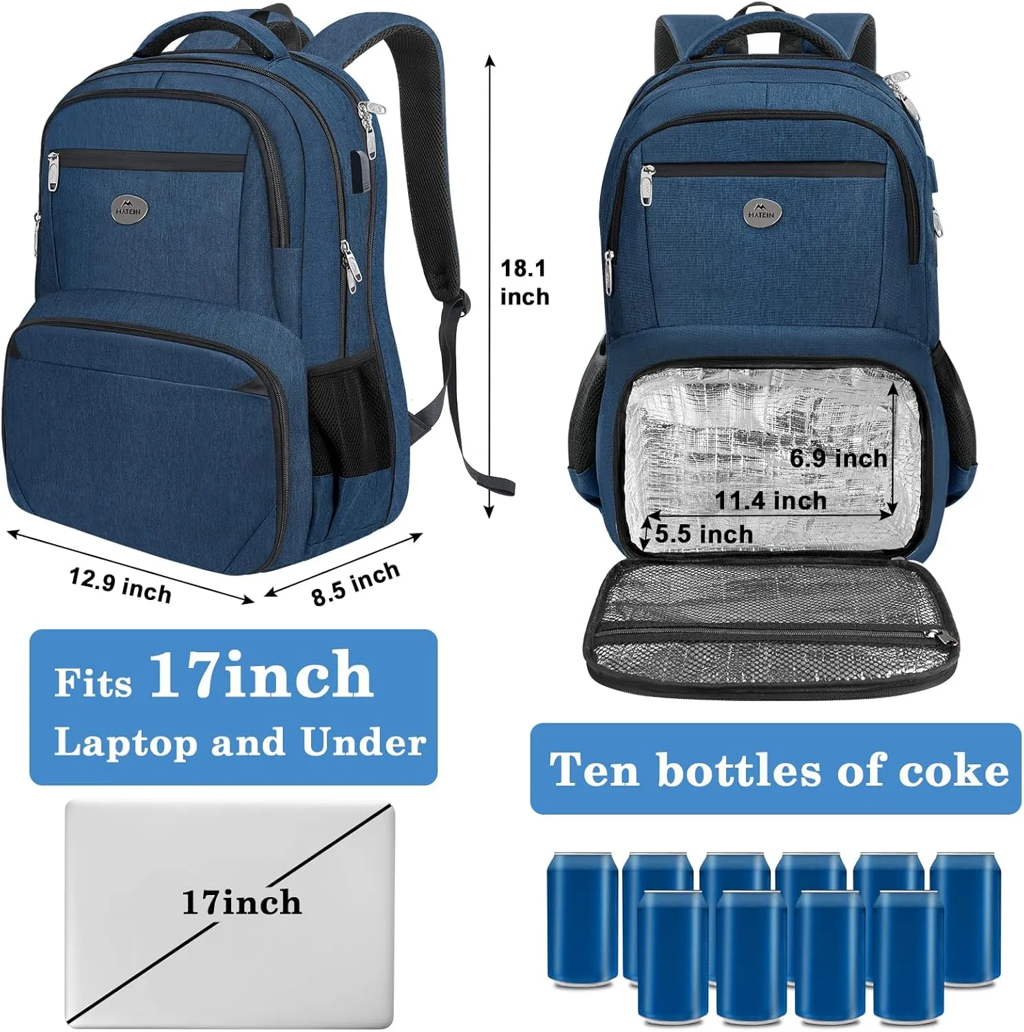 MATEIN Lunch Backpack for Men, 17 Inch Travel Laptop Backpack with Cooler Compartment, Airline Approved Carry On Backpack with USB Port, Waterproof Computer Bag for Business Work Camping Picnic, Blue