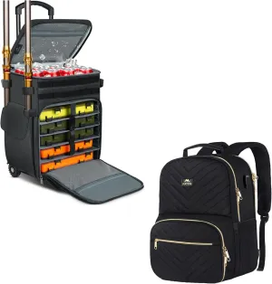 MATEIN Rolling Tackle Box with Cooler, Large Fishing Bag with Wheels, Lunch Backpack for Women, 15.6 Inch Laptop Work Backpack with Insulated Cooler Compartment