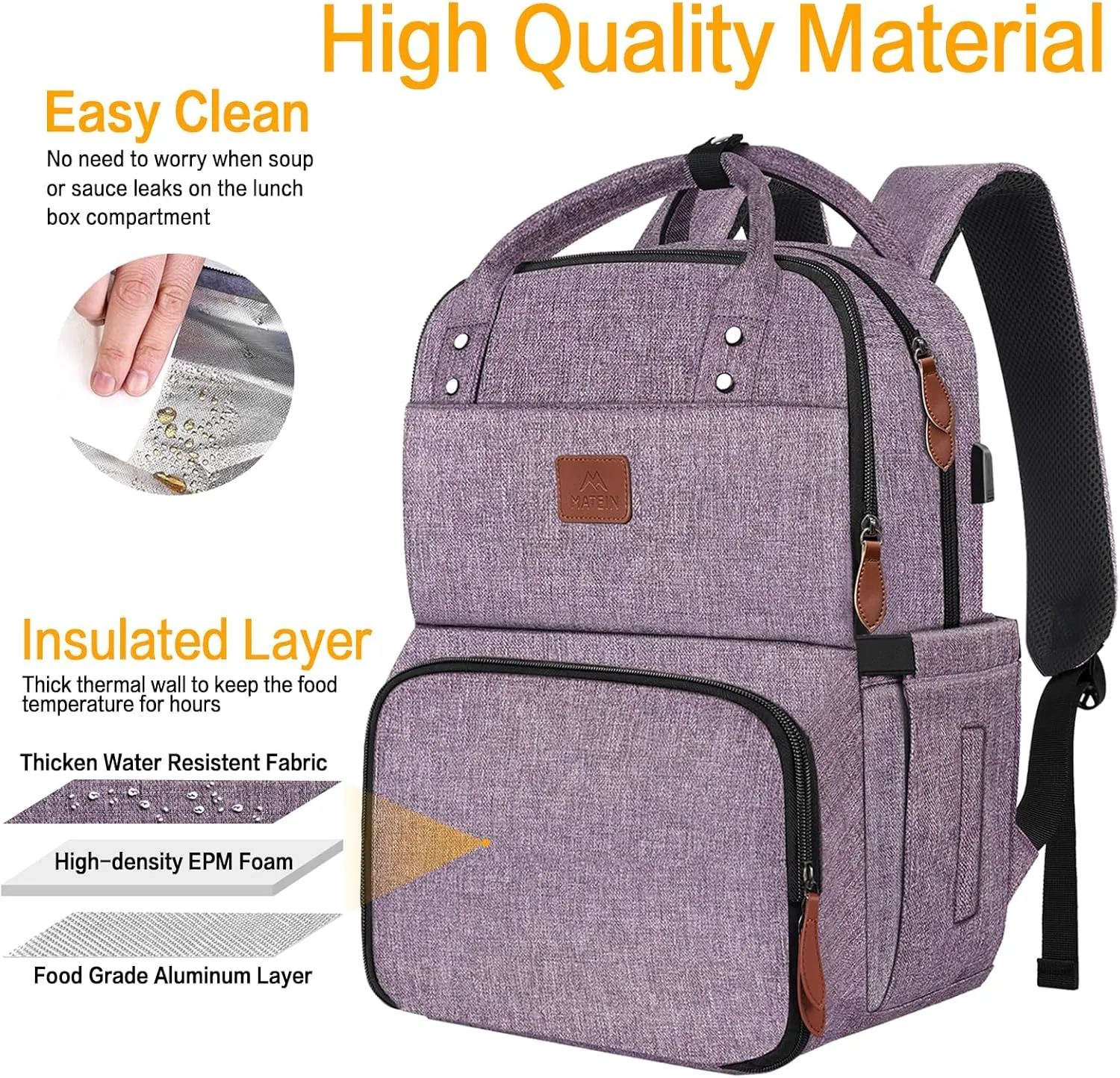 MATEIN Womens Backpack with Lunch Compartment, 17 Inch Laptop Backpack with USB Port, Water Resistant Cooler Backpack Tote Food Bag for Work College Travel Camping Picnic, Gift for Her (Purple)