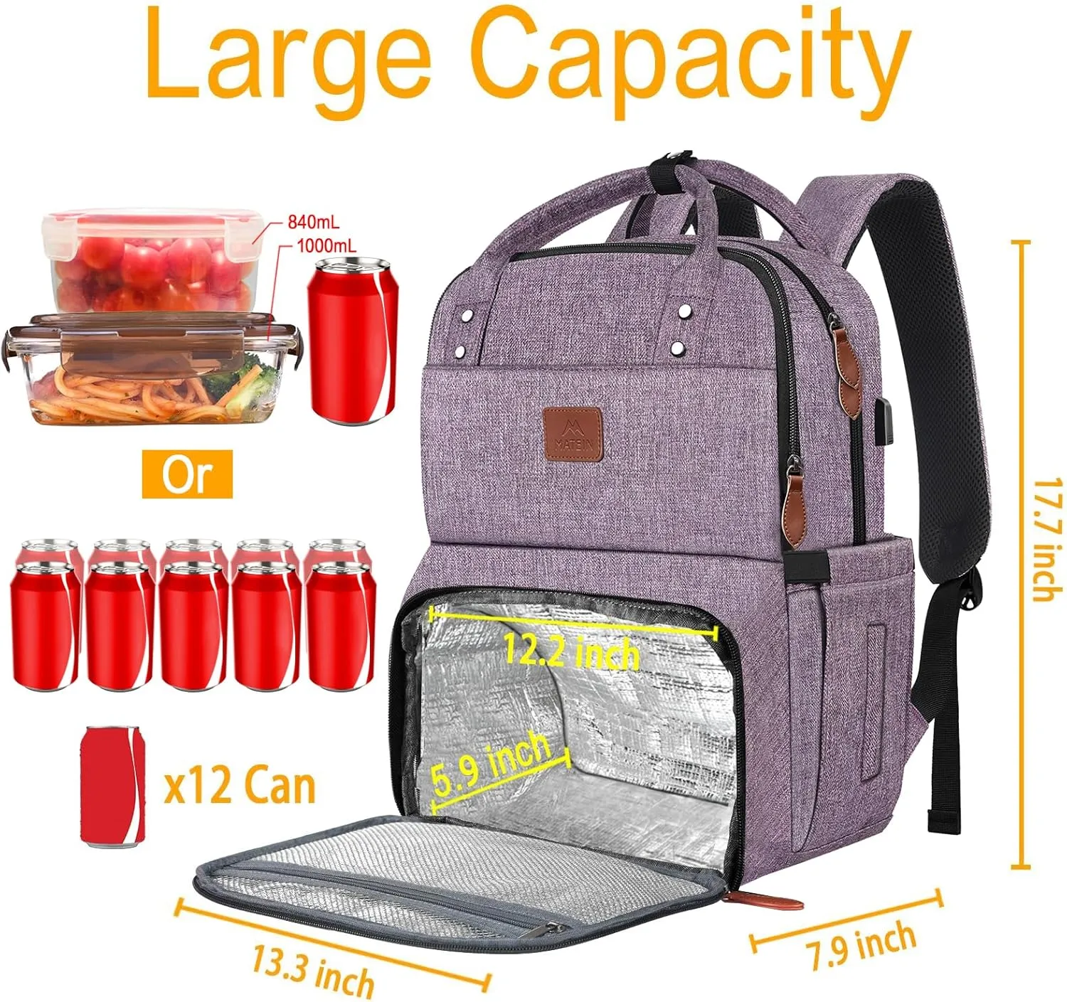 MATEIN Womens Backpack with Lunch Compartment, 17 Inch Laptop Backpack with USB Port, Water Resistant Cooler Backpack Tote Food Bag for Work College Travel Camping Picnic, Gift for Her (Purple)
