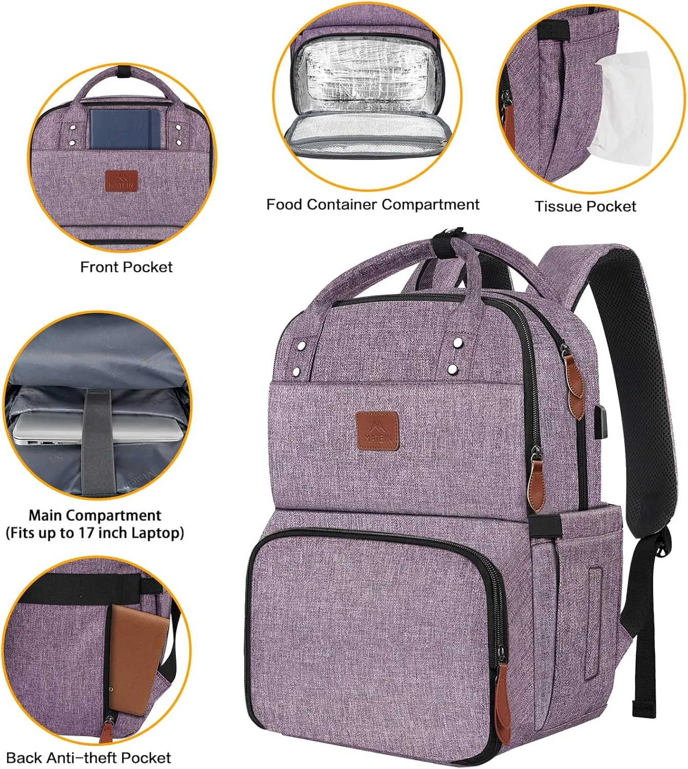 MATEIN Womens Backpack with Lunch Compartment, 17 Inch Laptop Backpack with USB Port, Water Resistant Cooler Backpack Tote Food Bag for Work College Travel Camping Picnic, Gift for Her (Purple)