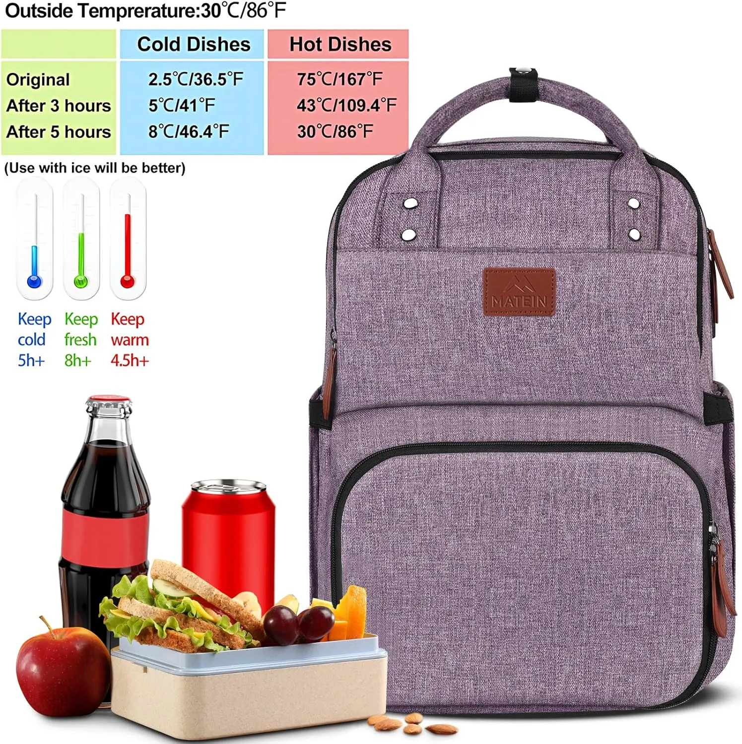 MATEIN Womens Backpack with Lunch Compartment, 17 Inch Laptop Backpack with USB Port, Water Resistant Cooler Backpack Tote Food Bag for Work College Travel Camping Picnic, Gift for Her (Purple)