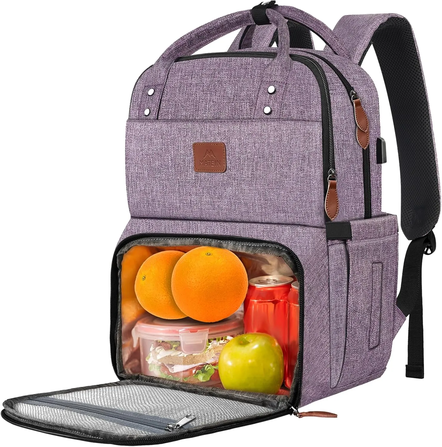 MATEIN Womens Backpack with Lunch Compartment, 17 Inch Laptop Backpack with USB Port, Water Resistant Cooler Backpack Tote Food Bag for Work College Travel Camping Picnic, Gift for Her (Purple)