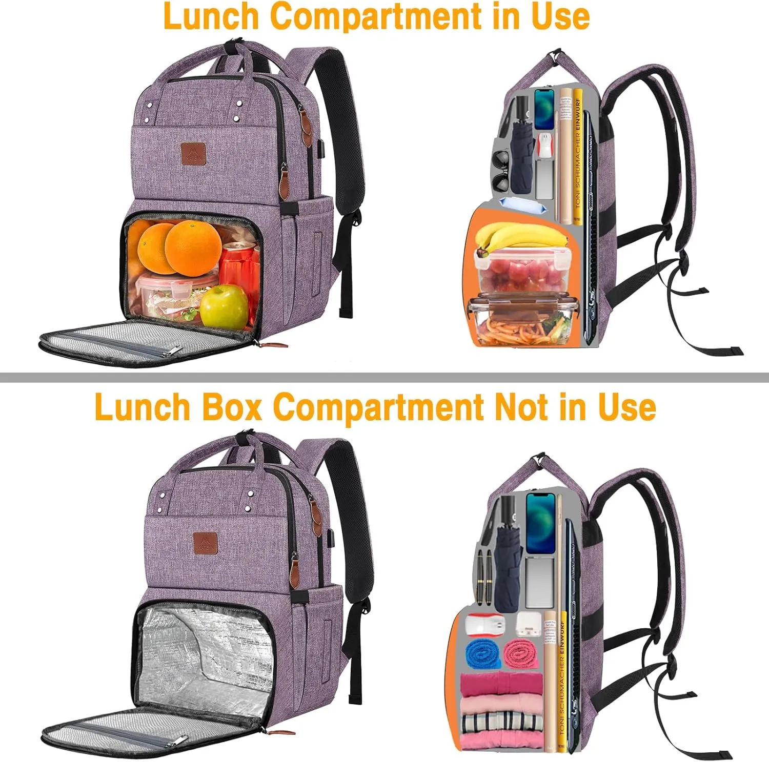 MATEIN Womens Backpack with Lunch Compartment, 17 Inch Laptop Backpack with USB Port, Water Resistant Cooler Backpack Tote Food Bag for Work College Travel Camping Picnic, Gift for Her (Purple)