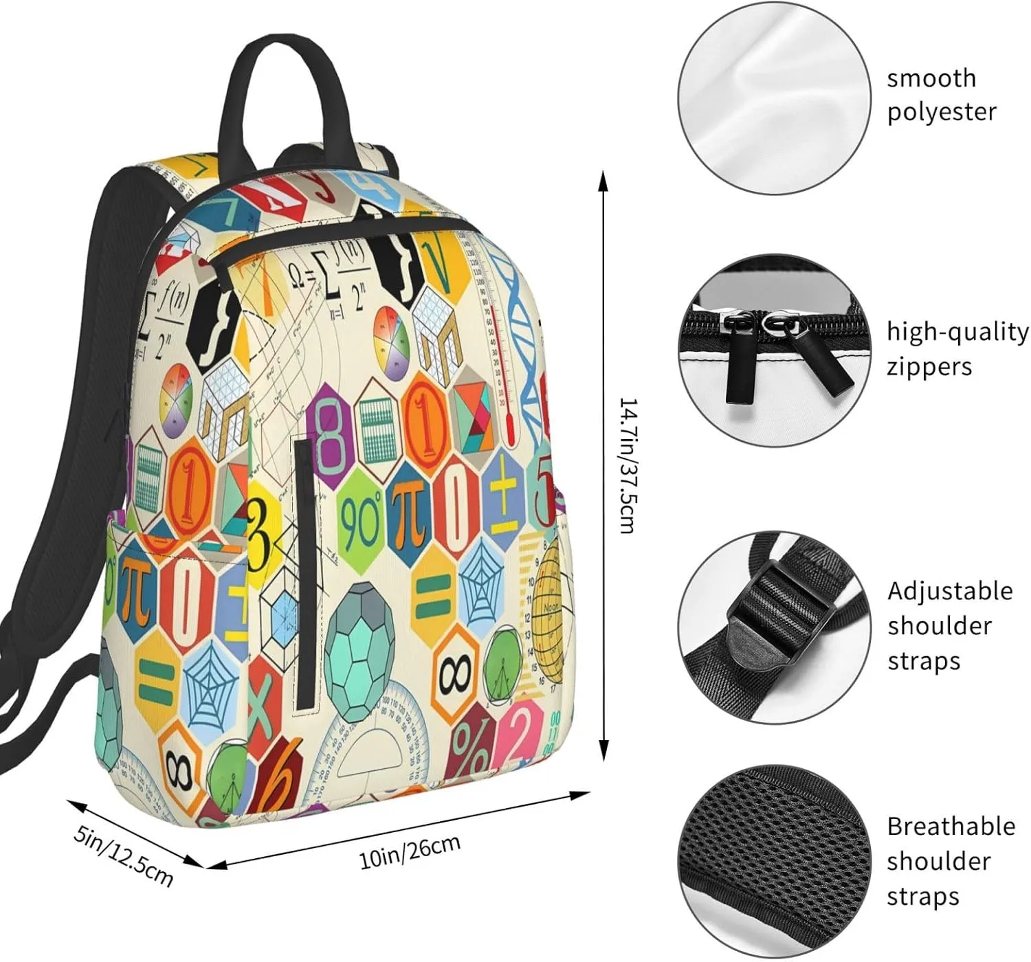 Math Formula Symbols Casual Backpacks Large Capacity Laptop Backpack Sports Rucksack Travel Daypack Adjustable Shoulder Strap Work Bag for Outdoor Camping