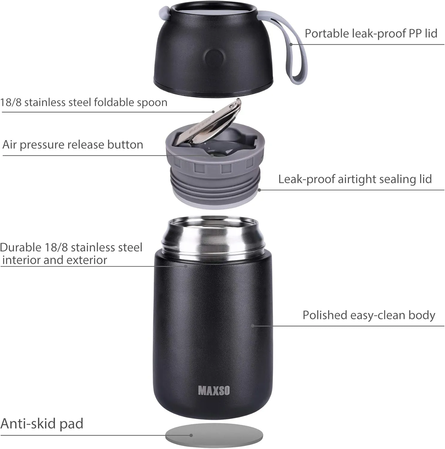 MAXSO 2 Pack Soup Thermo for Hot & Cold Food for Kids Adults, Vacuum Insulated Food Jar Thermal Lunch Containers, Travel Food Flask with Spoon (24 oz,17 oz) (Black)