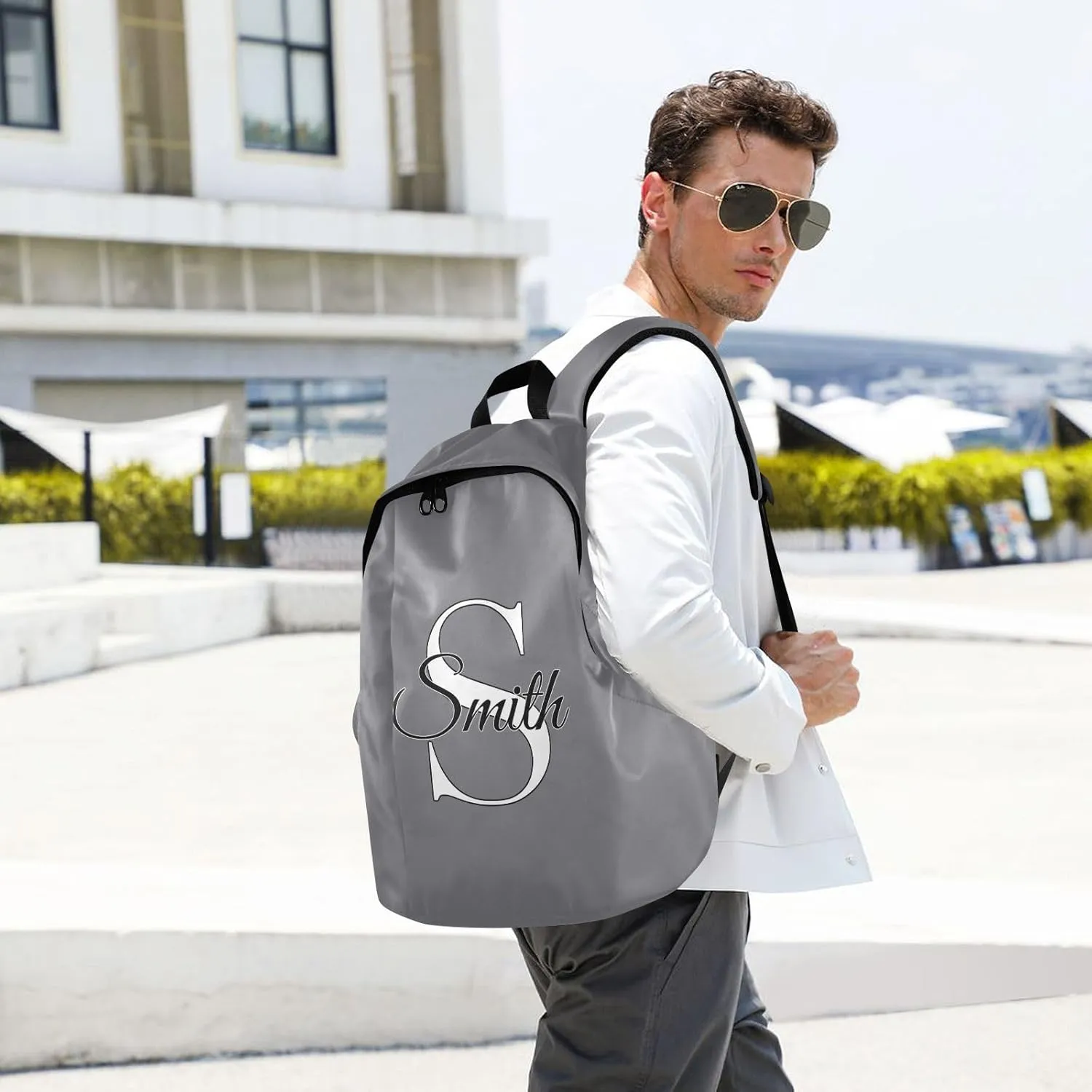 MCHIVER Custom Travel Backpack Gray Personalized Casual Daypack Backpacks Lightweight Carry on Bag Water Resistant Large Backpack for Women Men