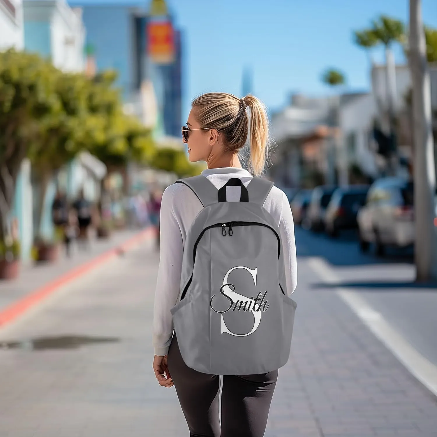 MCHIVER Custom Travel Backpack Gray Personalized Casual Daypack Backpacks Lightweight Carry on Bag Water Resistant Large Backpack for Women Men