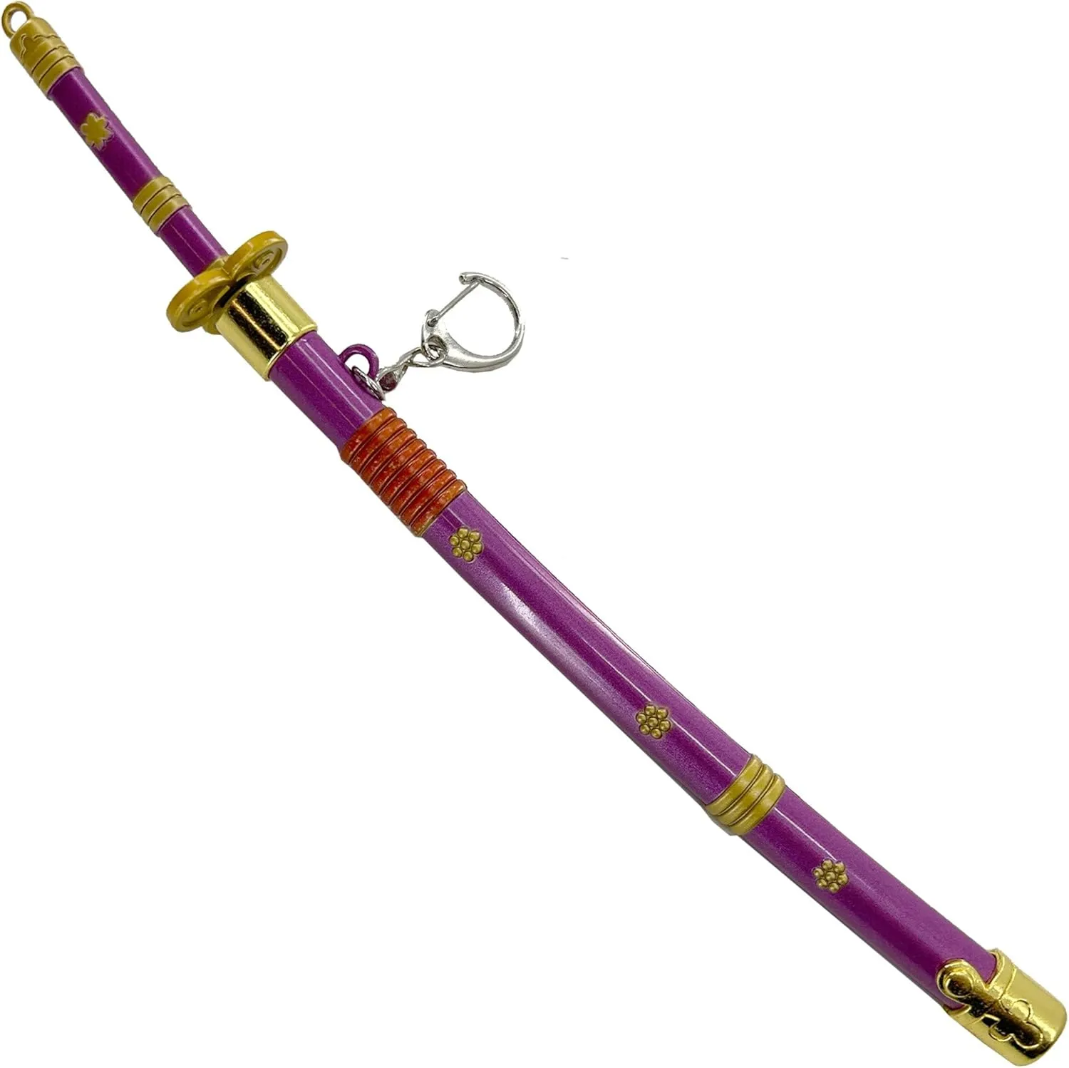MedievalDepot Spring Action Popup Mini Katana Keychain Zoro Enma Edition – Overall 9" Collectible with Red-Edged Blade, Purple Floral Handle & Scabbard, Keyring, Lanyard & Display Stand