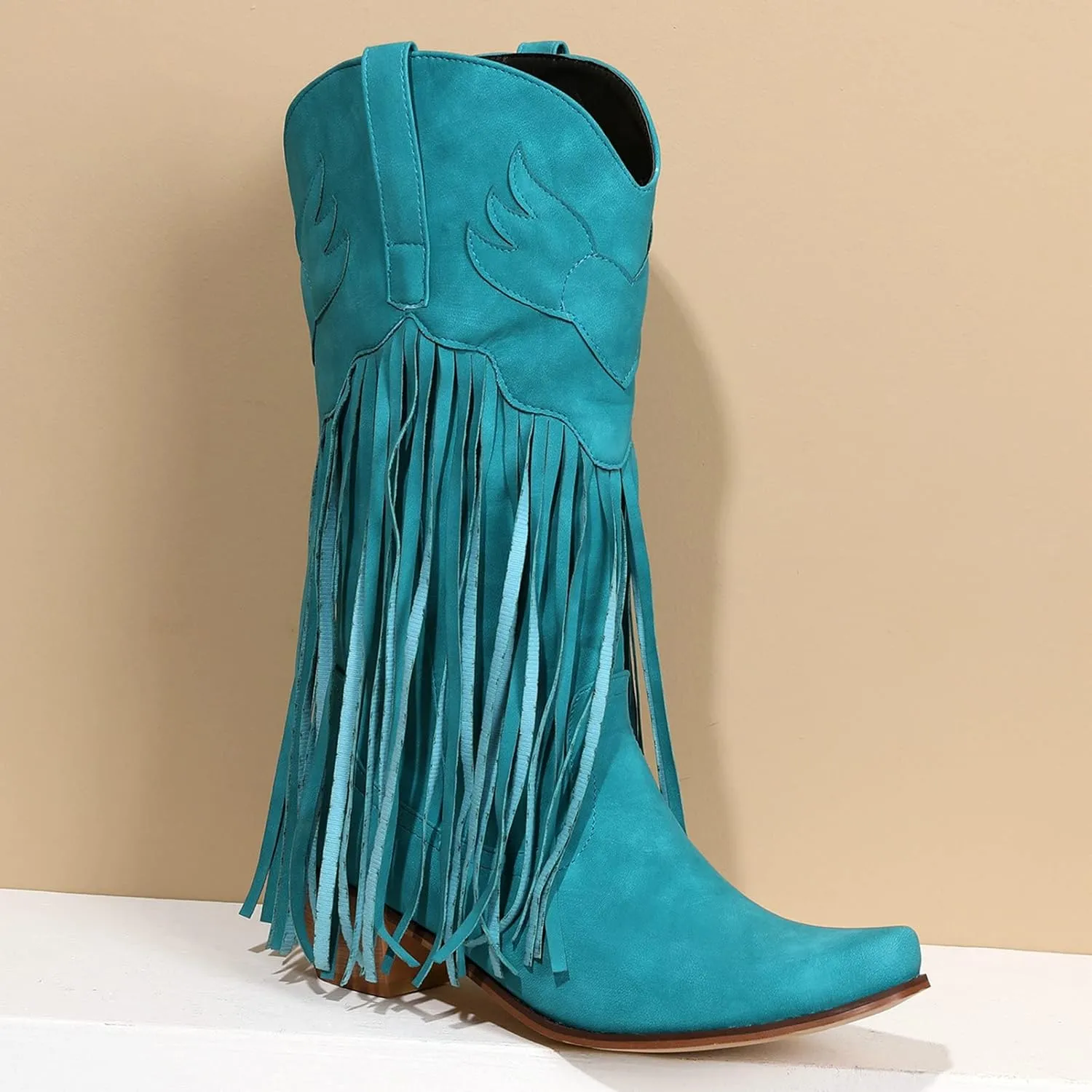 Meefit Women Fringe Cowboy Boots Square Toe Mid Calf Embroidered Western Boots,Tassel Cowgirl Boots Stacked Heel Retro Boots