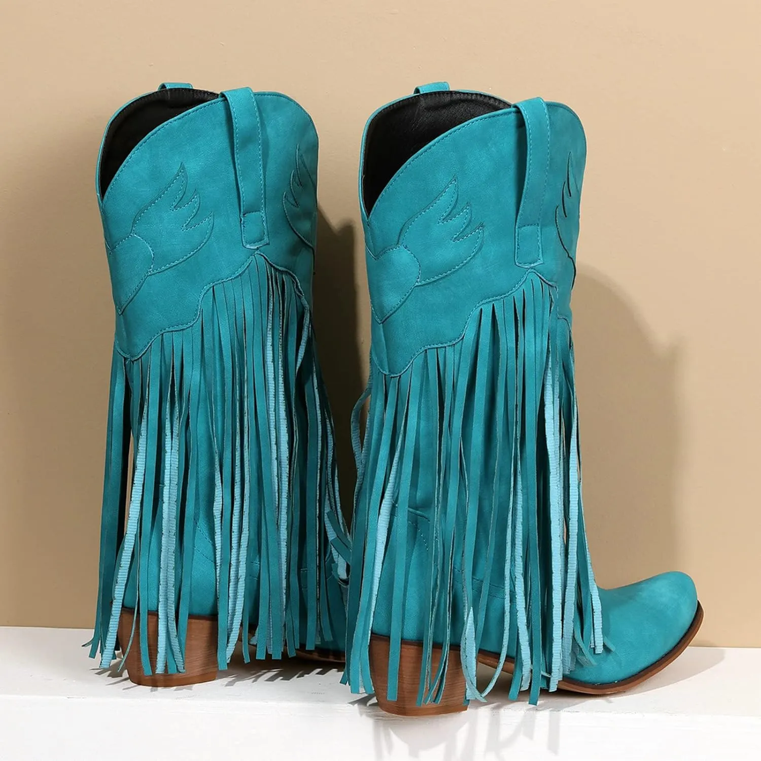 Meefit Women Fringe Cowboy Boots Square Toe Mid Calf Embroidered Western Boots,Tassel Cowgirl Boots Stacked Heel Retro Boots