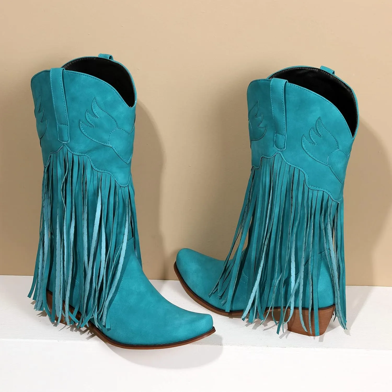 Meefit Women Fringe Cowboy Boots Square Toe Mid Calf Embroidered Western Boots,Tassel Cowgirl Boots Stacked Heel Retro Boots