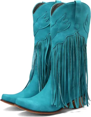 Meefit Women Fringe Cowboy Boots Square Toe Mid Calf Embroidered Western Boots,Tassel Cowgirl Boots Stacked Heel Retro Boots