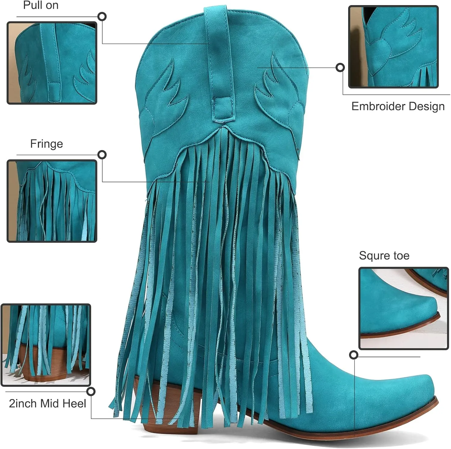 Meefit Women Fringe Cowboy Boots Square Toe Mid Calf Embroidered Western Boots,Tassel Cowgirl Boots Stacked Heel Retro Boots