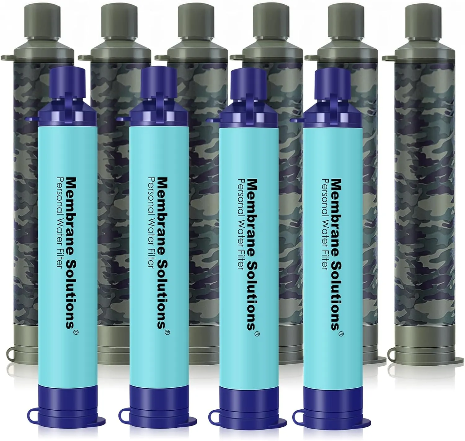 Membrane Solutions Straw Water Filter, Survival Filtration Portable Gear, Emergency Preparedness, Supply for Drinking Hiking Camping Travel Hunting Fishing Team Family Outing (4 Pack Blue 6 Pack Camo)