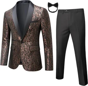 Mens 2 Piece Floral Tuxedo Jacket Paisley Shawl Lapel Suit Blazer Jacket for Dinner,Prom,Wedding