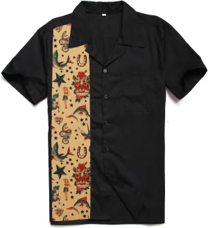 Men's 50s Male Clothing Rockabilly Style Cotton Men Shirts Short Sleeve Fifties Bowling Casual Button-Down Shirts