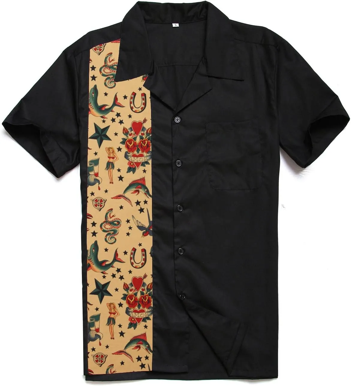 Men's 50s Male Clothing Rockabilly Style Cotton Men Shirts Short Sleeve Fifties Bowling Casual Button-Down Shirts