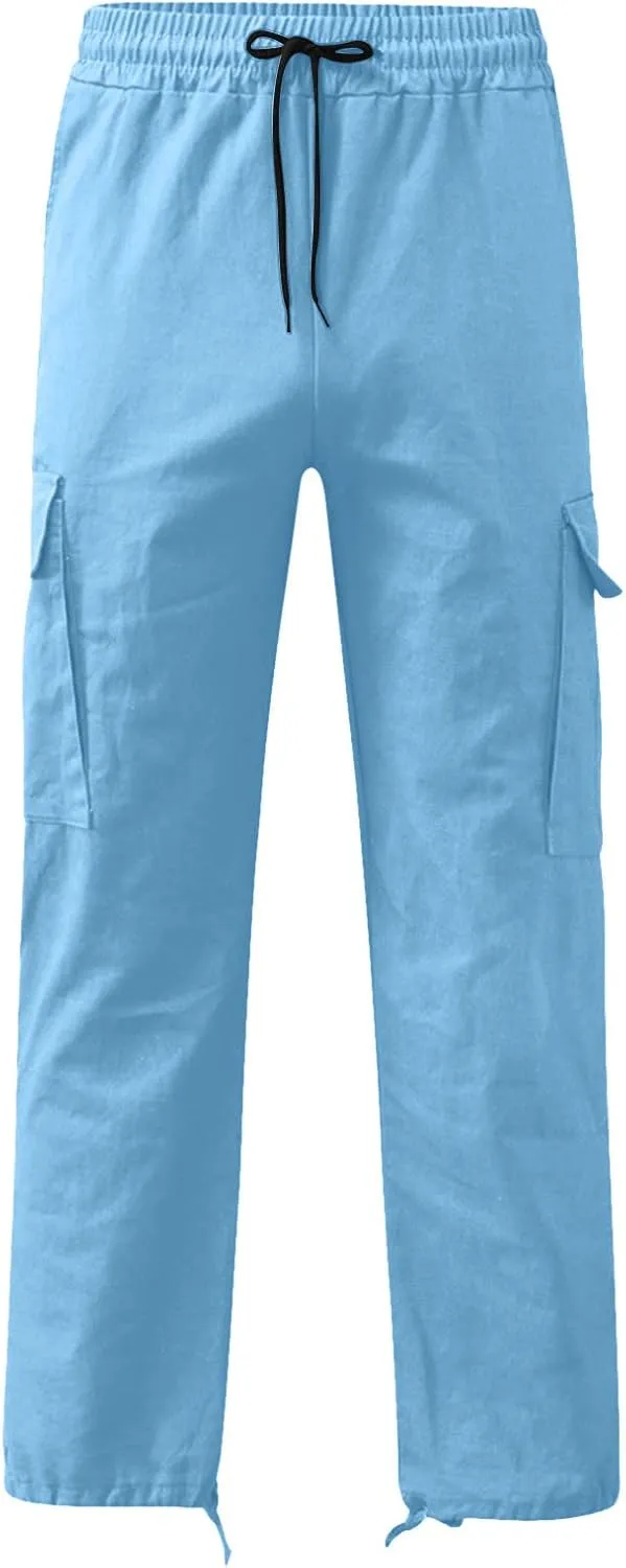 Mens Cargo Pants Loose Baggy Work Hiking Drawstring Trousers Outdoor Comfy Joggers with Multi Pockets