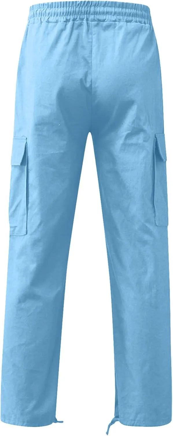 Mens Cargo Pants Loose Baggy Work Hiking Drawstring Trousers Outdoor Comfy Joggers with Multi Pockets