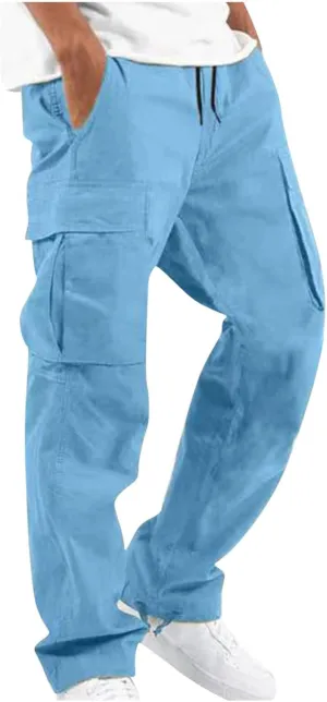 Mens Cargo Pants Loose Baggy Work Hiking Drawstring Trousers Outdoor Comfy Joggers with Multi Pockets