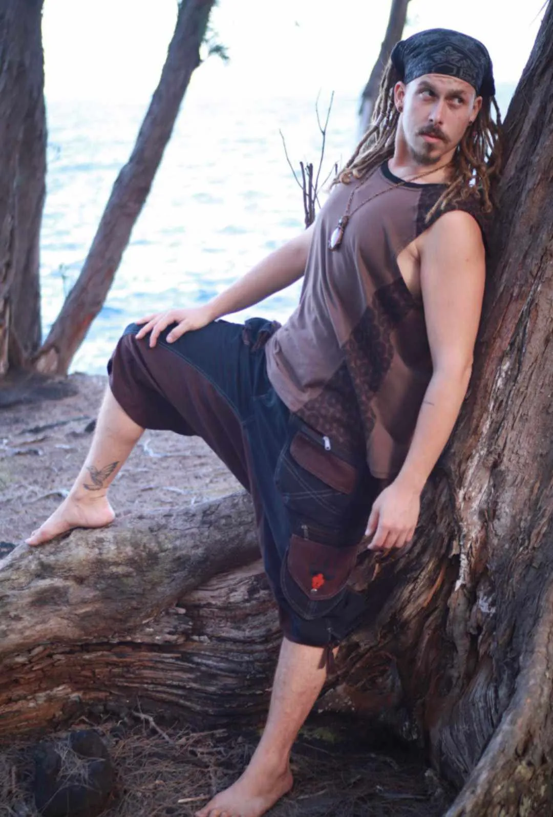 Men's Long Drop Crotch Shorts with Shiva Trident Embroidery