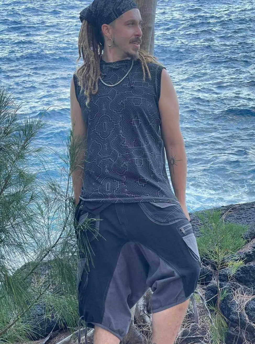Men's Long Drop Crotch Shorts with Shiva Trident Embroidery