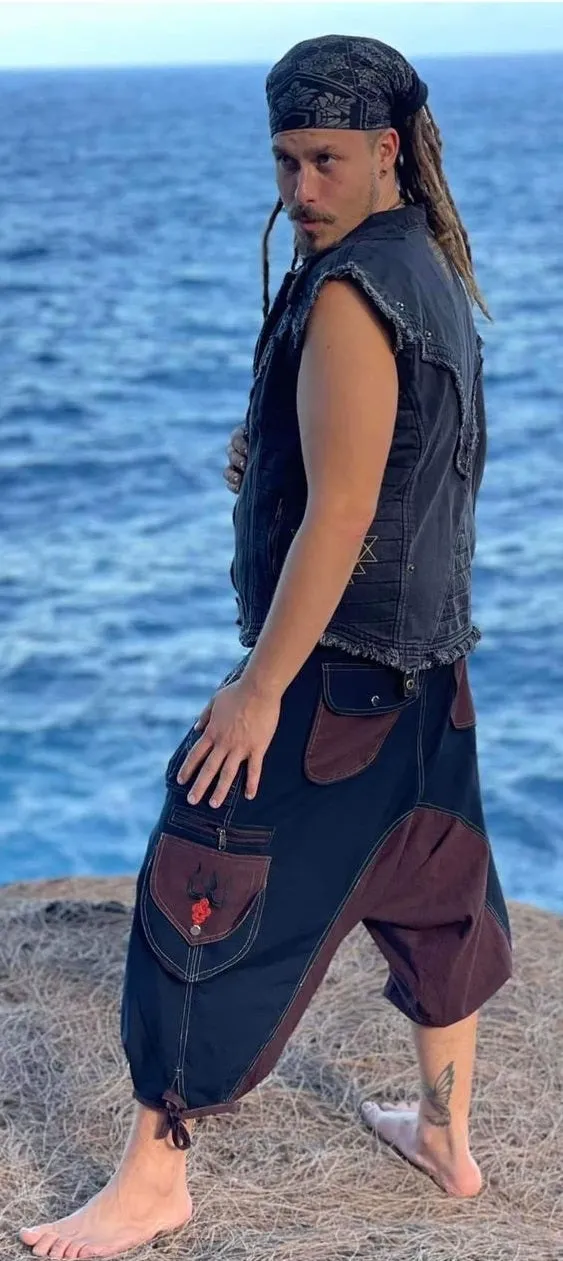 Men's Long Drop Crotch Shorts with Shiva Trident Embroidery
