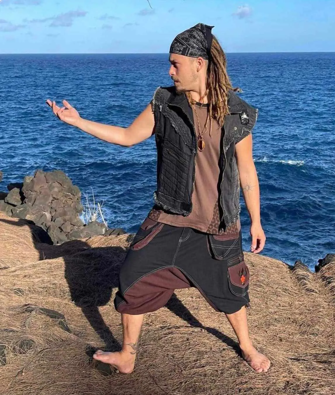 Men's Long Drop Crotch Shorts with Shiva Trident Embroidery